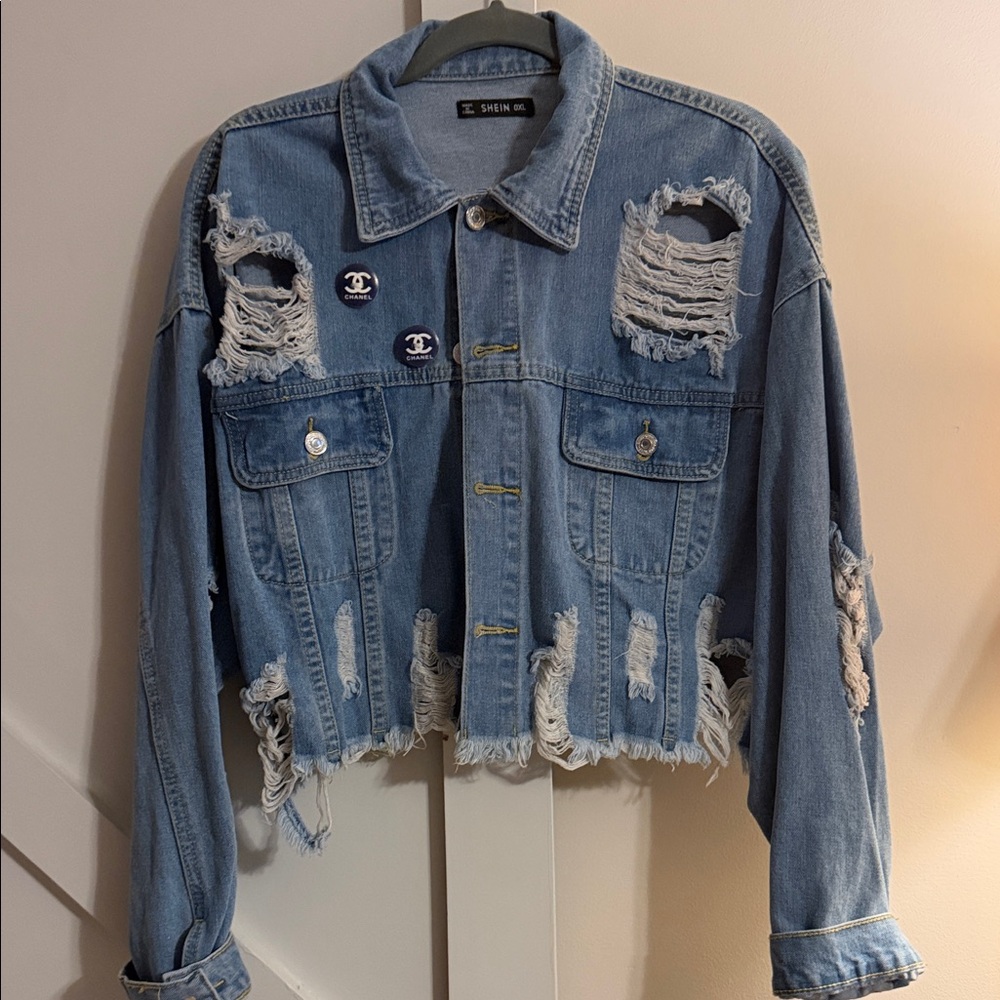 SHEIN Light Blue Ripped Denim Jacket